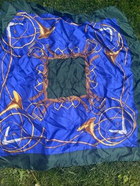 Corrnelia James vtg Blue & Green Equestrian Print Silk Scarf